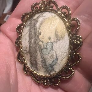 Vintage Gold Brooch with Illustration